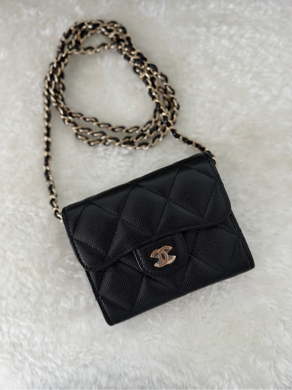 Chanel Matelasse Chain Caviar Skin Coco Mark Card Holder Black Yr 2021-2022